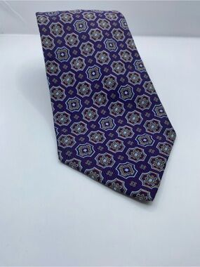 Hickey Freeman Purple Medallion Silk Tie with Blue & Gold Accents